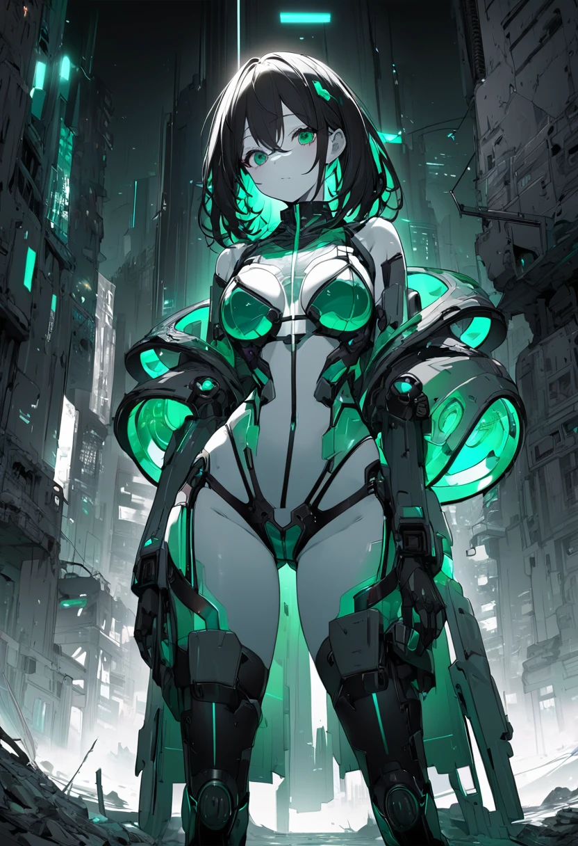 Monochrome Tiffany Blue, Highest quality, Super Fine, 16K, Unbelievably absurd, Very detailed, delicate and dynamic, pretty girl, Three-dimensional effect expressed through light and shadow, Eye-catching effect, modern art,Low - Angle、 Emerald green eyes、Part of the clothing is see-through、Cinematic angles、optical fiber、Connected Cord、Illuminated parts See-through parts、Cyberpunk cityscape, young woman with long black hair wearing an emerald green powered exosuit, standing in a contemplative pose amidst the neon-lit ruins, textured digital art with muted tones and subtle ambient noise, detailed and intricate illustration, dystopian and gritty yet beautiful, a glimmer of hope in the decay,Fish Girl in Sci-fi translucent mechanical bikini ++,The bikini is see-through and sparkly
