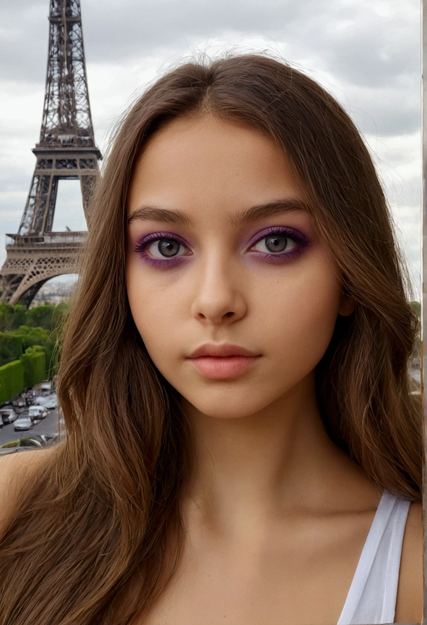 arafed, femme, à, vêtements bohème, fille aux yeux bruns, portrait sophie mudd, Long, Bouclé, cheveux bruns en désordre et grands yeux, selfie miroir d'une jeune femme, Yeux de chambre, violette myers, sans maquillage, maquillage naturel, regarder directement la caméra, Visage avec Artgram, Maquillage subtil, Superbe photo du corps entier, devant la Tour Eiffel, C'est élégant, Petit clivage