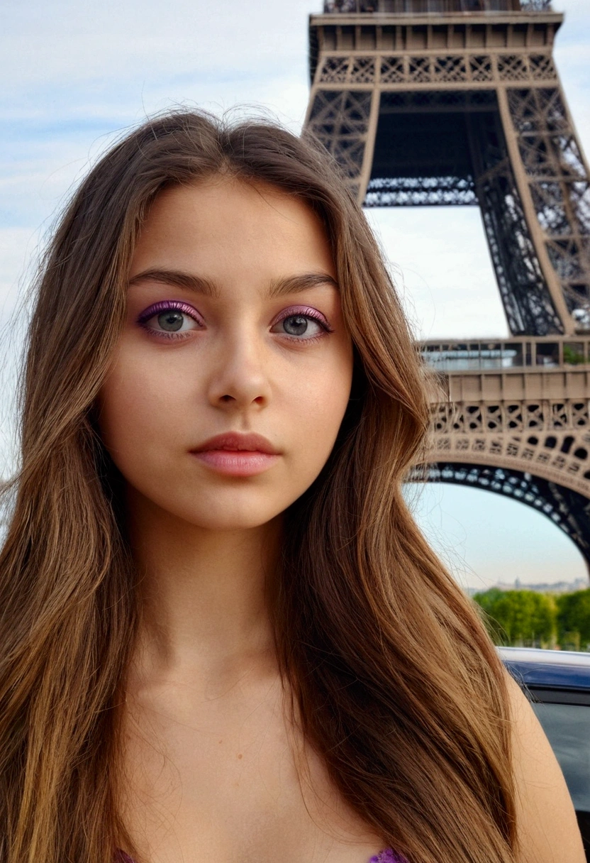 arafed, femme, à, vêtements bohème, fille aux yeux bruns, portrait sophie mudd, Long, Bouclé, cheveux bruns en désordre et grands yeux, selfie miroir d'une jeune femme, Yeux de chambre, violette myers, sans maquillage, maquillage naturel, regarder directement la caméra, Visage avec Artgram, Maquillage subtil, Superbe photo du corps entier, devant la Tour Eiffel, C'est élégant, Petit clivage