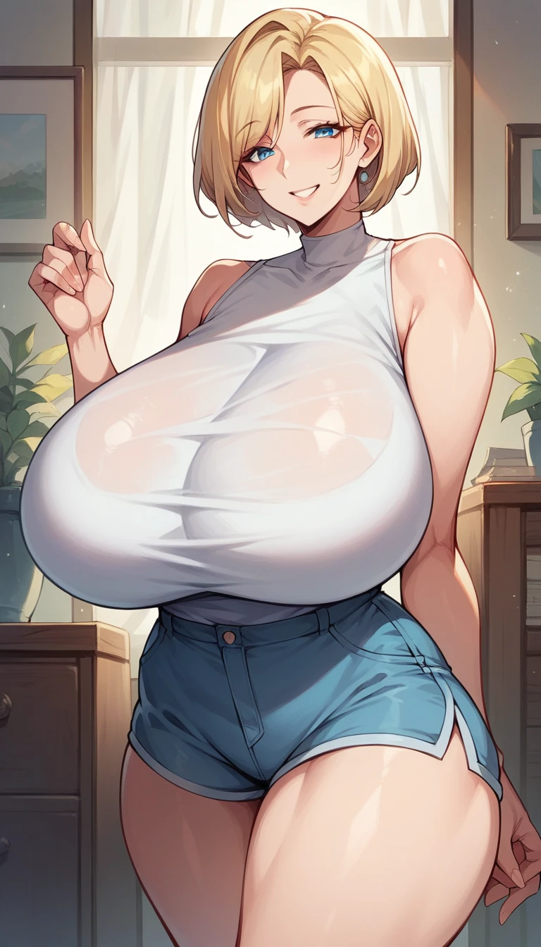score_9, score_8_up, score_7_up, score_6_up, milf, {{Ultra-Gigantic breasts}}, wide hips, curvy, straight hair, short hair, blonde hair, blue eyes, white shirt, Sleeveless shirt, Mind shorts, indoors, standing, looking at viewer, smile
