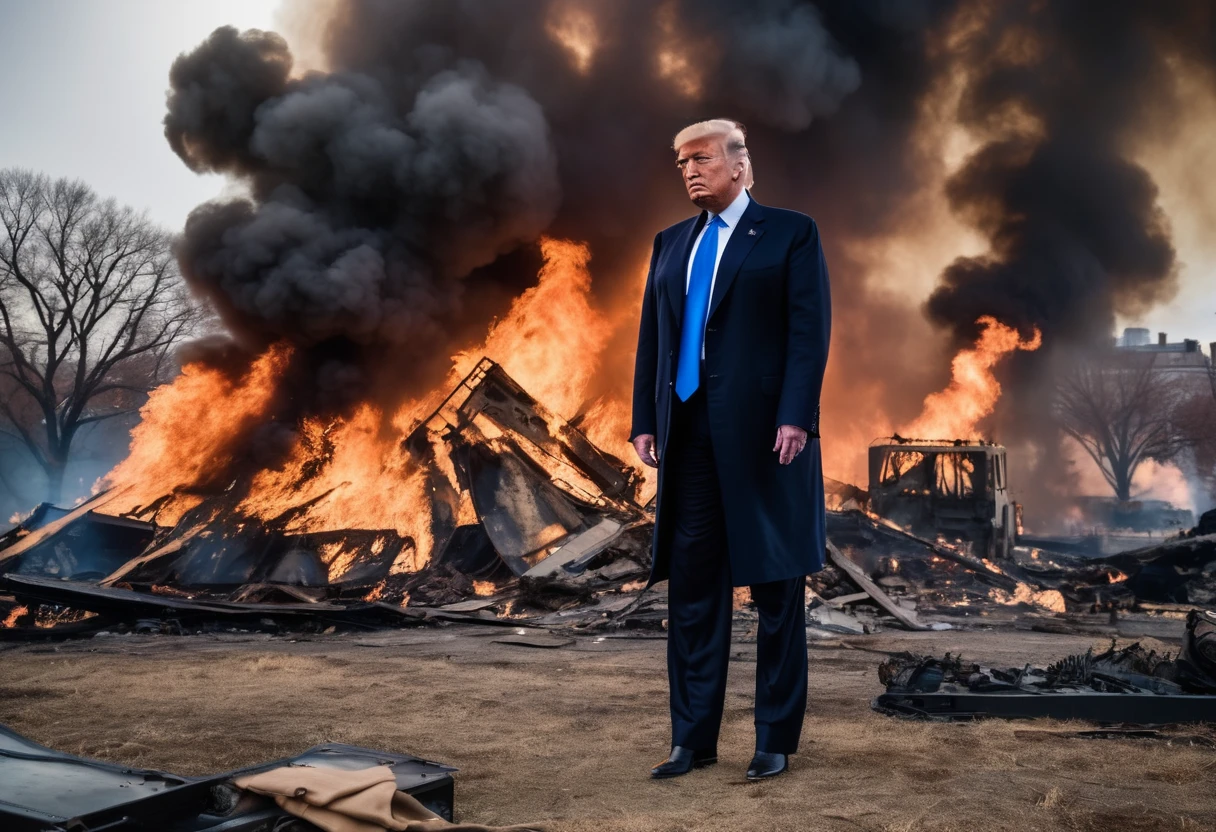 Incredible detailed photography of Donald Trump, wearing an American army uniform with his arm raised and his fist sawn off, and in the background a war scene, High-resolution face, piercing eyes, , smiling,Anti-aliasing, fxaaa, De-Noise, Post production, sound effects, insanely detaileda & intricate, hypermaximalist, chic, ornated, hyperrealisti, super verbose, black coloration, serene, 16K resolution, whole body,