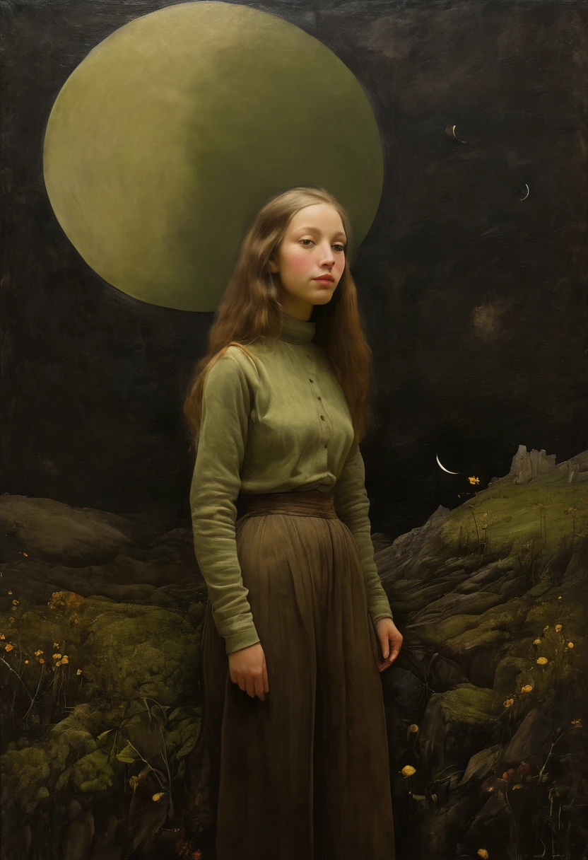 This is Andrew Wyeth - The Art of Andrew Wyeth - with a muted floral palette and a dry brush technique that creates a feeling of calm. (animation. beautiful Lebanese woman with long brown hair. perfect anatomy, beautiful expressive eyes. she wears a black turtleneck and olive green skinny jeans. its back side faces the camera 1 crescent moon, night, fairytale background) (minimalism: 1). Dietary composition, ideal body anatomy.
