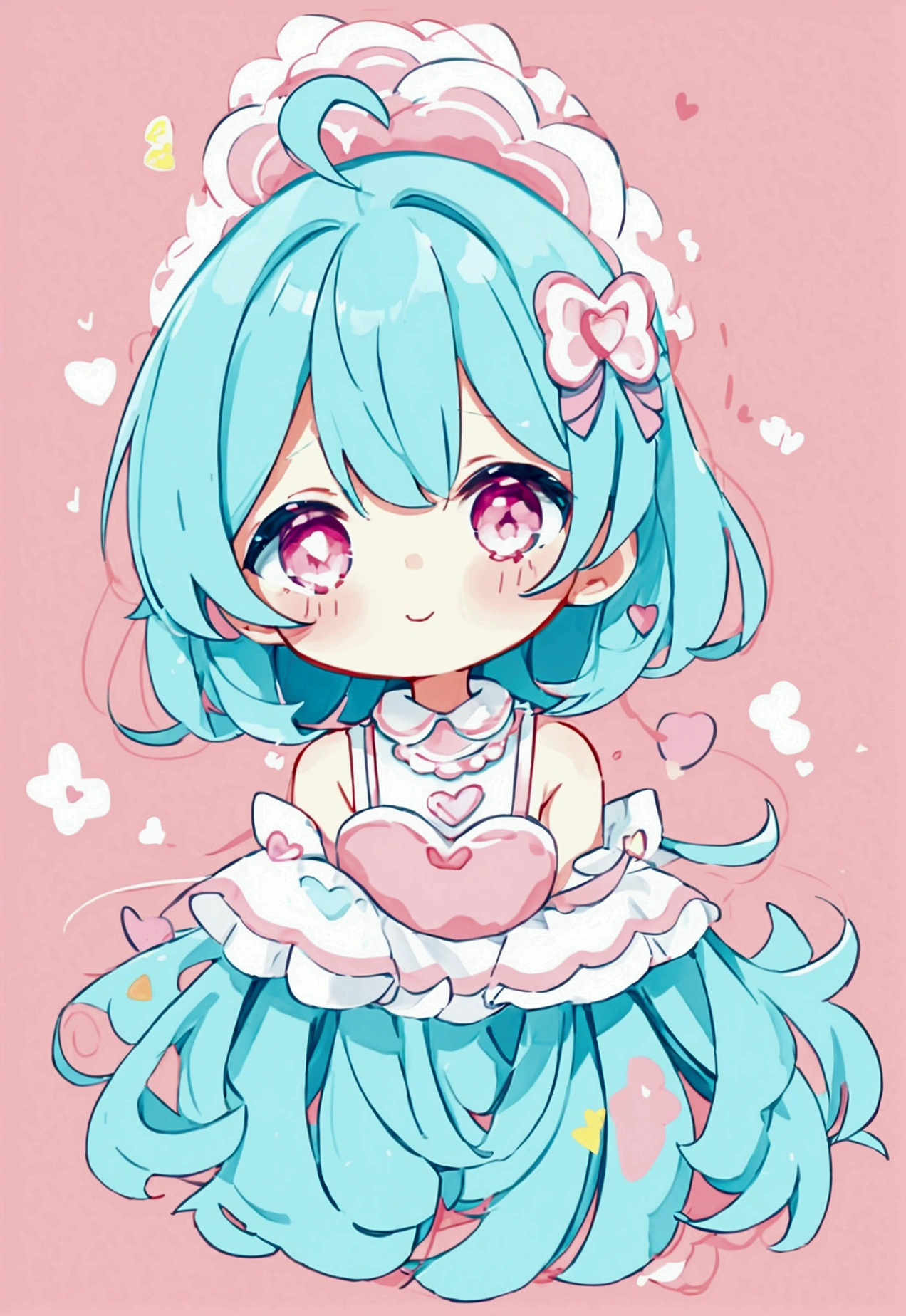 chibi girl in a kawaii style, hearts, soft, colorful, delicate, expressive, textured, sharp, cyan and pink, 