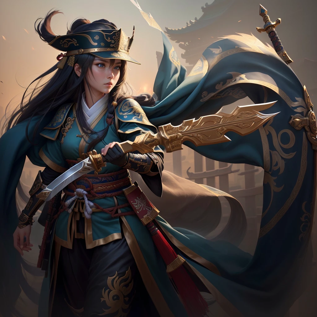 a close up of a girl with a sword and a hat, guan yu, inspired by Hu Zaobin, naranbaatar ganbold, masamune shiro, bian lian, mongol, masamune, feng shu, inspired by Cao Zhibai, inspired by Huang Ding, genghis khan, inspired by Huang Shen, zhao yun, Highly detailed CG unit 8k wallpaper, masterpiece, High resolution, highest quality, highest quality real texture skin, Super Real, Digital Painting, Best image quality, 最High resolution, 8k, ((Highly detailed eyes and face, Beautiful eyes every detail)), 1girl, Full Body Shot, 1girl,