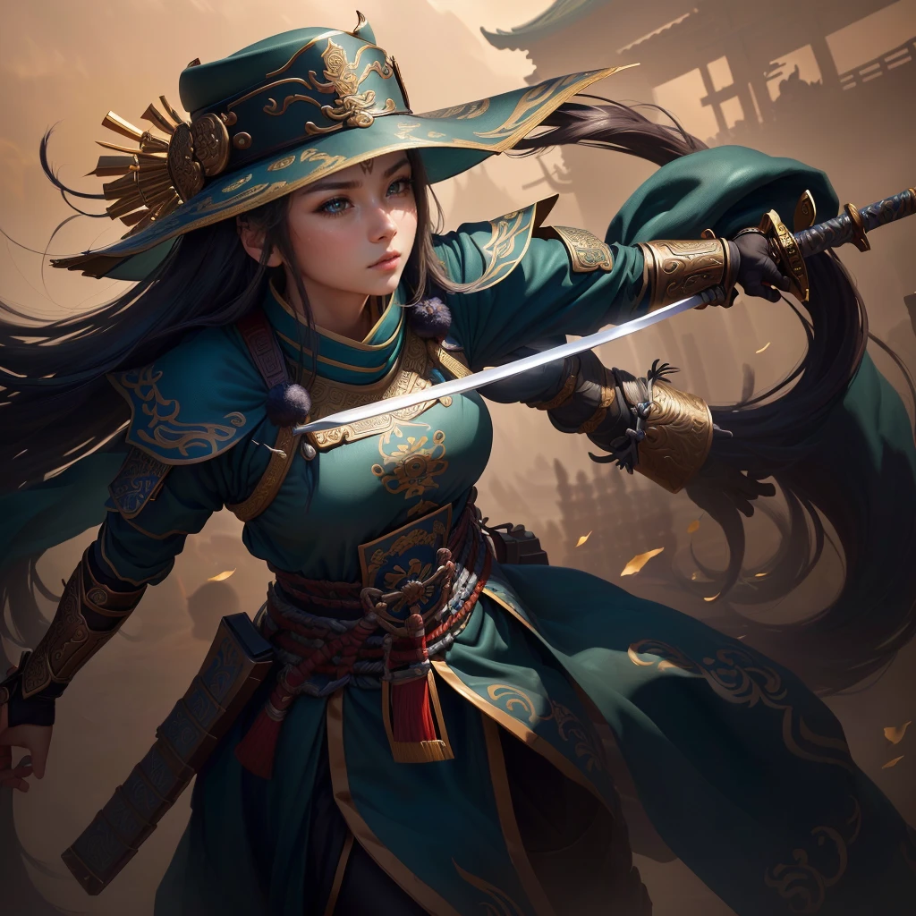 a close up of a girl with a sword and a hat, guan yu, inspired by Hu Zaobin, naranbaatar ganbold, masamune shiro, bian lian, mongol, masamune, feng shu, inspired by Cao Zhibai, inspired by Huang Ding, genghis khan, inspired by Huang Shen, zhao yun, Highly detailed CG unit 8k wallpaper, masterpiece, High resolution, highest quality, highest quality real texture skin, Super Real, Digital Painting, Best image quality, 最High resolution, 8k, ((Highly detailed eyes and face, Beautiful eyes every detail)), 1girl, Full Body Shot, 1girl, 