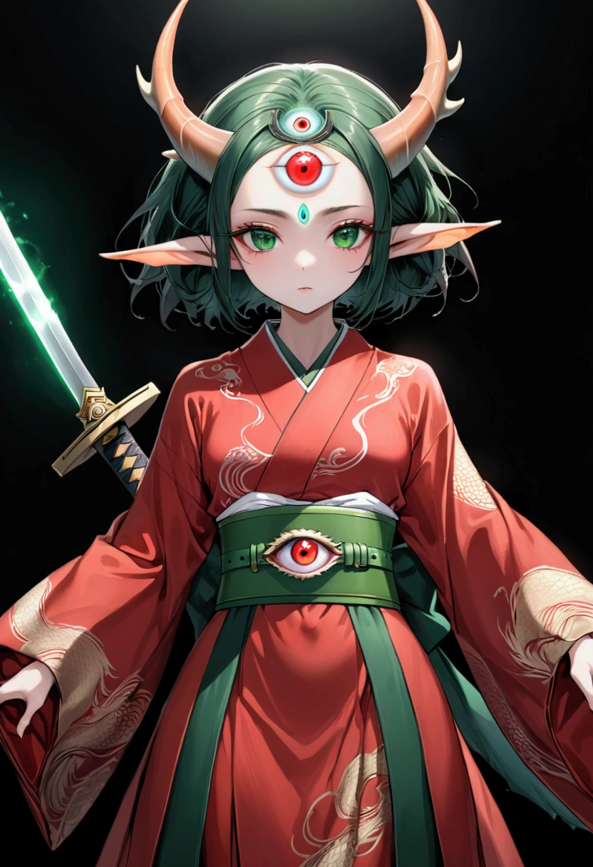 Japanese Anime,Second Dimension,Horror style,horror character,(((Flillian,Vision.third eye on the forehead:1.1,Elf ears,Dragon Horn))),(((Gorgeous Japanese red kimono,Eye pattern,Dark Pattern))).(((Thin waist,Green belt:1.6))).(((Samurai sword))),Black background blur