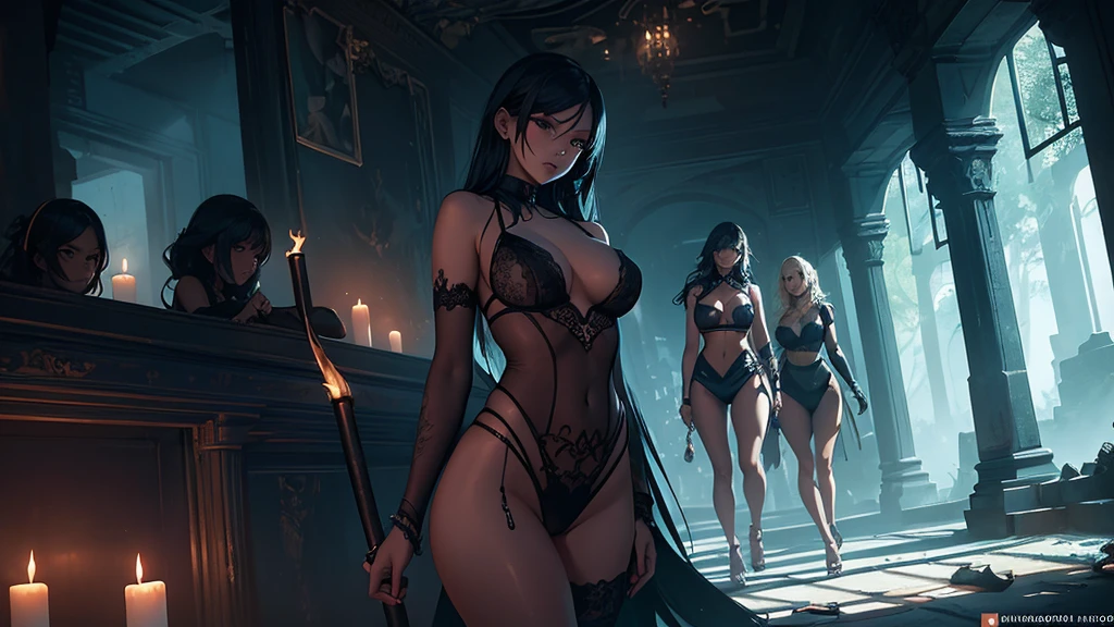 a seductive malaysian woman, 25 years old, busty, golden ratio figure, sheer black revealing lingerie, azure glowing tattoos, 3 seductive malaysian women carrying torches, moving through an abandoned shrine, hyperrealistic, 8k, cinematic lighting, dramatic shadows, rich colors, chiaroscuro, moody atmosphere, gothic, fantasy, ethereal, mystical
