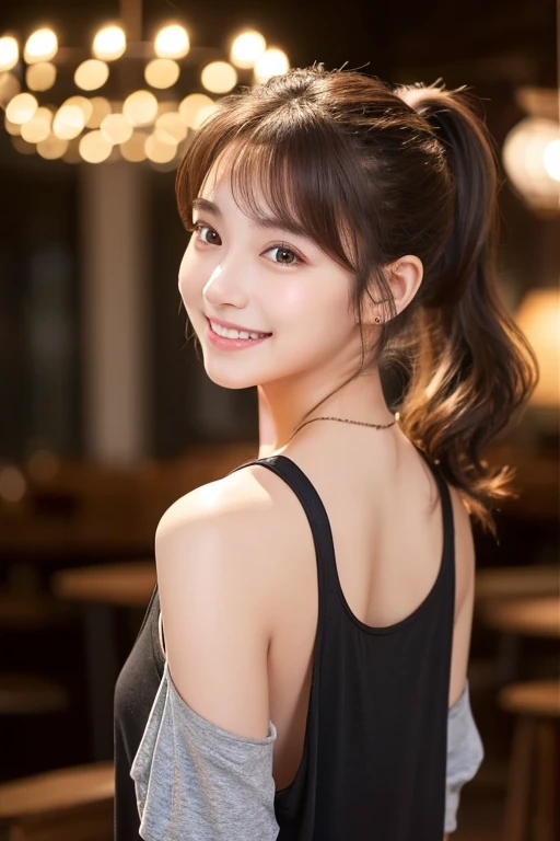A young woman with shoulder-length, wavy brown hair tied in a loose ponytail、Wearing a casual black T-shirt。She is smiling brightly、Have a naturally glowing skin。The background is softly lit、Creating a warm and comfortable atmosphere。The overall mood is、It&#39;s bright and calm。Please use photo-realistic images。