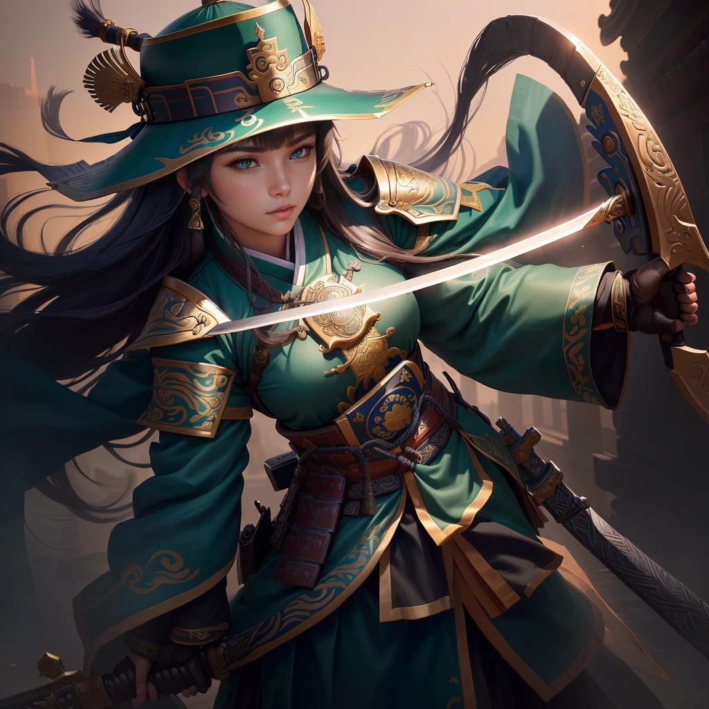 a close up of a girl with a sword and a hat, guan yu, inspired by Hu Zaobin, naranbaatar ganbold, masamune shiro, bian lian, mongol, masamune, feng shu, inspired by Cao Zhibai, inspired by Huang Ding, genghis khan, inspired by Huang Shen, zhao yun, Highly detailed CG unit 8k wallpaper, masterpiece, High resolution, highest quality, highest quality real texture skin, Super Real, Digital Painting, Best image quality, 最High resolution, 8k, ((Highly detailed eyes and face, Beautiful eyes every detail)), 1girl, Full Body Shot, 1girl, 