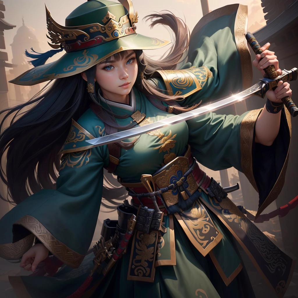 a close up of a girl with a sword and a hat, guan yu, inspired by Hu Zaobin, naranbaatar ganbold, masamune shiro, bian lian, mongol, masamune, feng shu, inspired by Cao Zhibai, inspired by Huang Ding, genghis khan, inspired by Huang Shen, zhao yun, Highly detailed CG unit 8k wallpaper, masterpiece, High resolution, highest quality, highest quality real texture skin, Super Real, Digital Painting, Best image quality, 最High resolution, 8k, ((Highly detailed eyes and face, Beautiful eyes every detail)), 1girl, Full Body Shot, 1girl, 