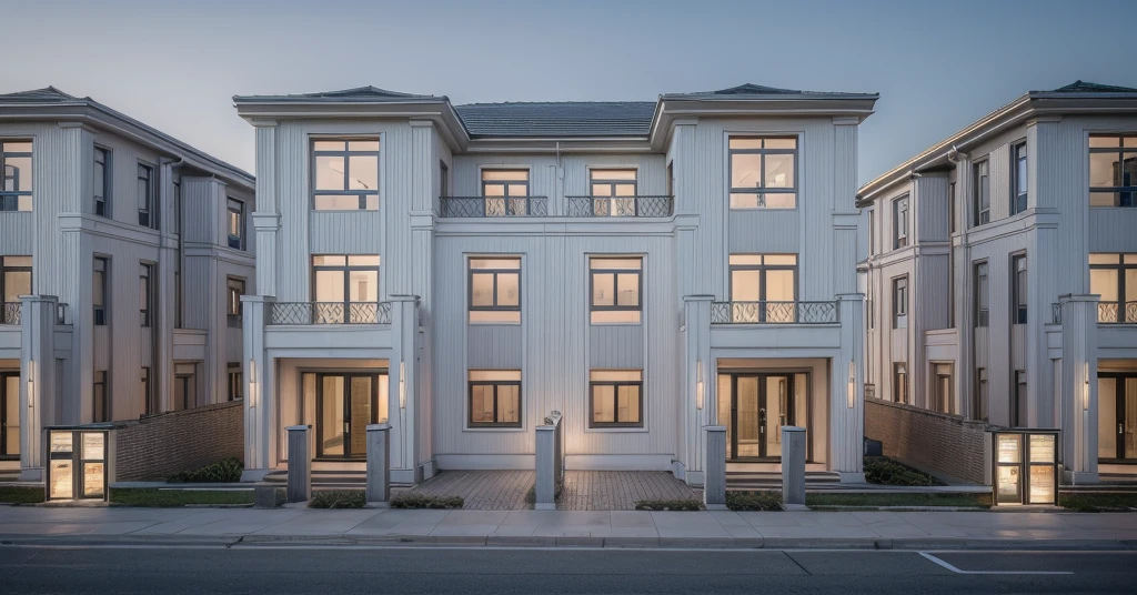 RAW photo, ((white)) modern house, (road:1.3), (sidewalk:1.3), (sidewalk trees:1.3), (residences area:1.4), dawn time, overcast, fog, tropical trees and plants, (high detailed:1.2), 8k uhd, dslr, soft lighting, high quality, film grain, Fujifilm XT3, (sharpen:1.5)