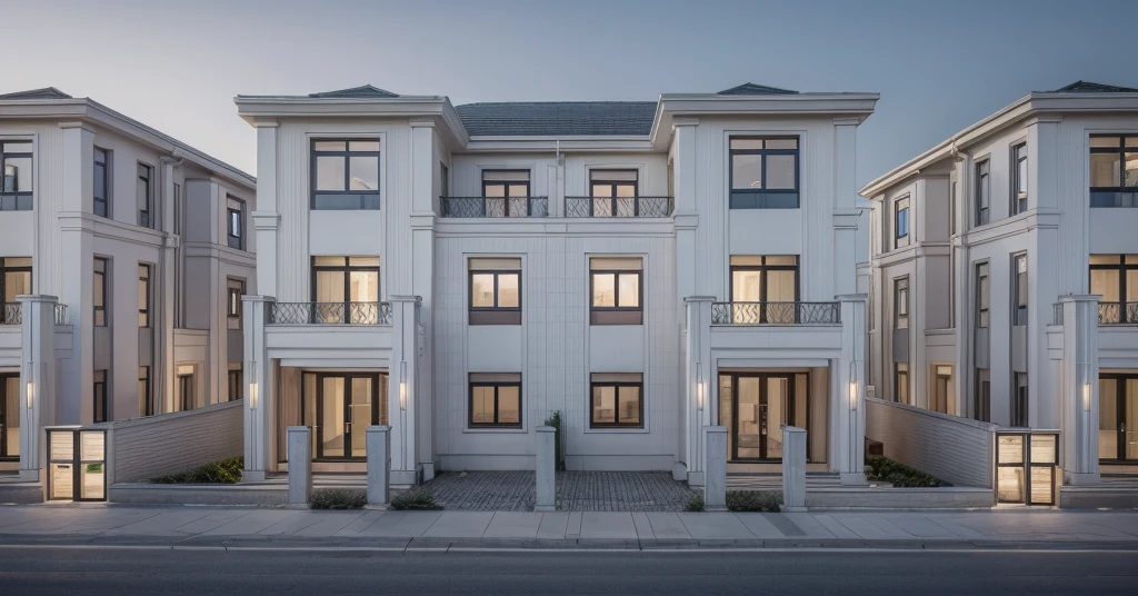 RAW photo, ((white)) modern house, (road:1.3), (sidewalk:1.3), (sidewalk trees:1.3), (residences area:1.4), dawn time, overcast, fog, tropical trees and plants, (high detailed:1.2), 8k uhd, dslr, soft lighting, high quality, film grain, Fujifilm XT3, (sharpen:1.5)