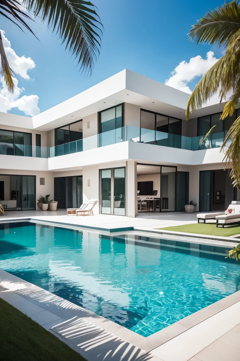 a super realistic editorial photo
of a house with a swimming pool, built with a metallic, symmetrical structure and contemporary architecture
located in Brazil, with tropical vegetation and facing a lake
the photo was taken with a 150mm lens on a canon 5d mark 4
on a sunny day