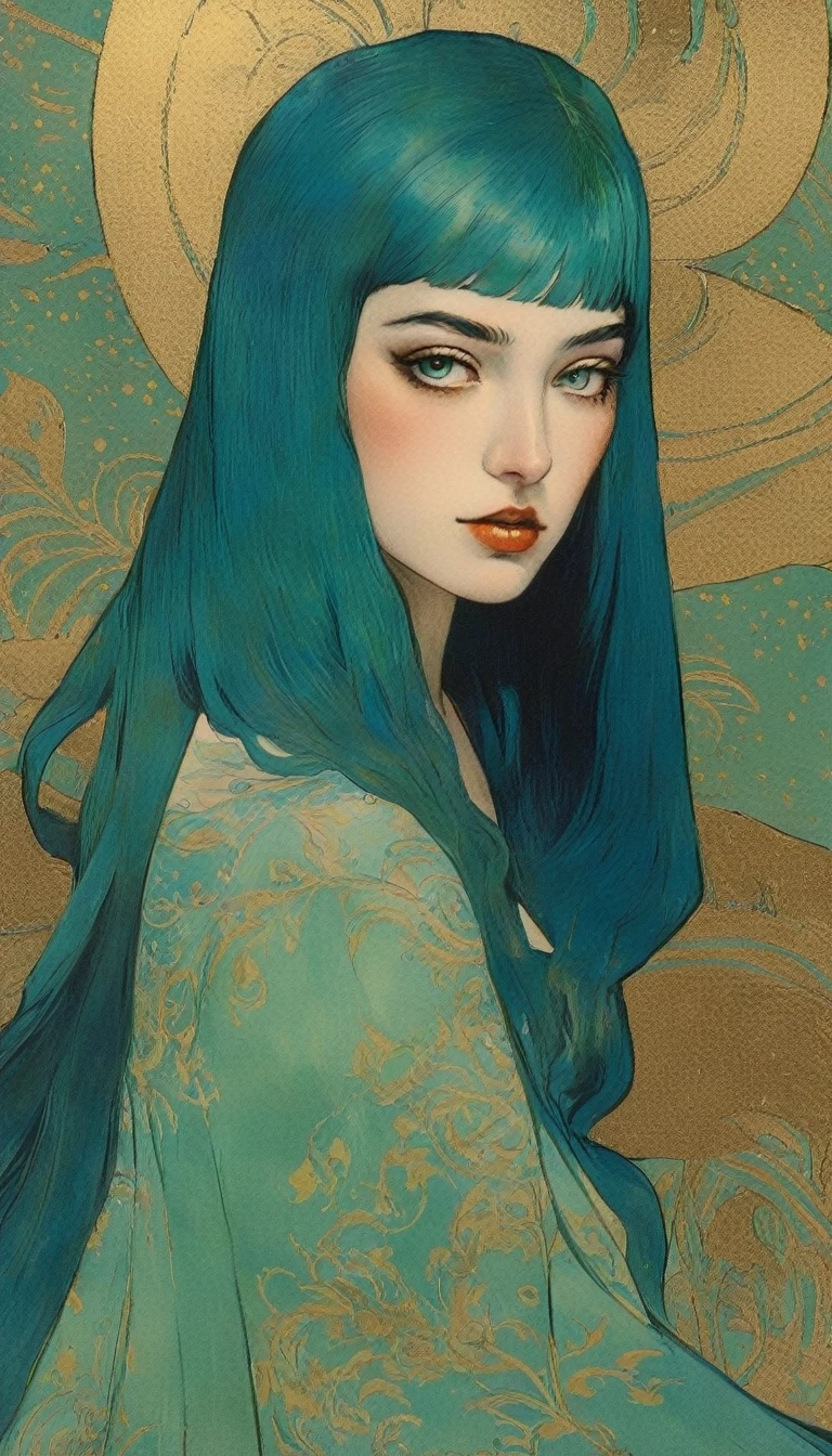 Sensual illustration of a graceful princess using chiaroscuro (((Green hair without bangs:1.4、Beautiful Eyes) , Vintage ,Silk dress, Matte Paint, John Singer Sargent, by Katsuya Terada、 Very soft color, Dark Vivid, Dark Blue Pastel, Very detailed, Digital Art, High Contrast, dramatic, Sophisticated, tone, Intimate, Sensuality and romance、Masterpiece、Minimalist、Pop surrealism、pop art、drawing、Pop Art、