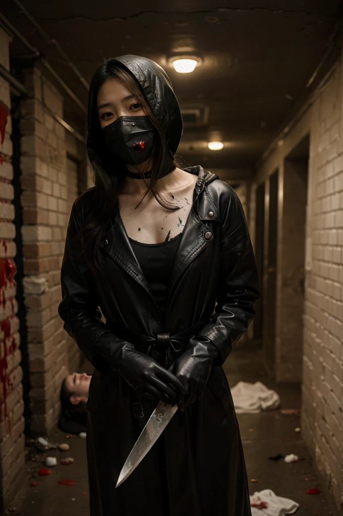 korean girl, (behind corpse, surgical mask), holding knife, stabbing, black leather gloves, tunnel full of blood, black trench coat, bucket hat, holding knife, black gloves, behind corpse, blood splatter, very long hair, night, mass murderer, robbery, in the hotel, dark atmosphere, cinematic lighting, atmospheric realistic,
