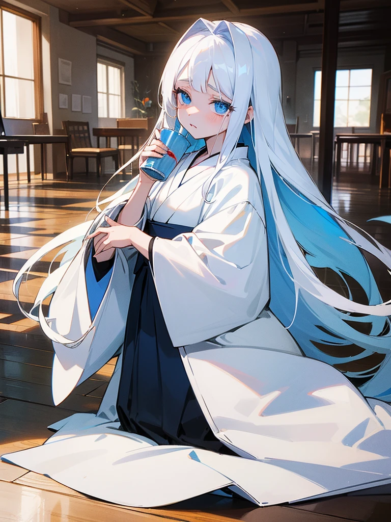Young girl, 8yo, long  white hair, wearing white kimono, blue colored eyes, holding a porcelain cup with blood inside, is in an 80s style office, books around, wood floor, Grieving, sad, pale skin, sickened appearance, kneeling on the floor