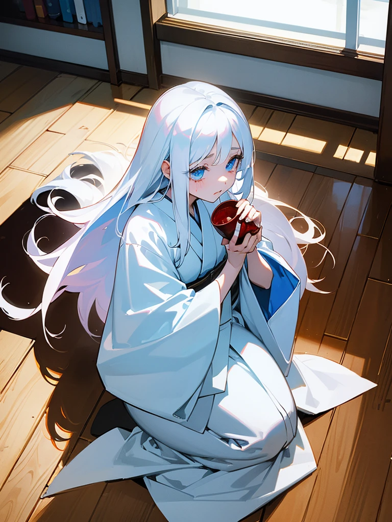 Young girl, 8, long white hair, wearing white kimono, blue colored eyes, holding a porcelain cup with blood inside, is in an 80s style office, books around, wood floor, Grieving, sad, pale skin, sickened appearance, kneeling on the floor