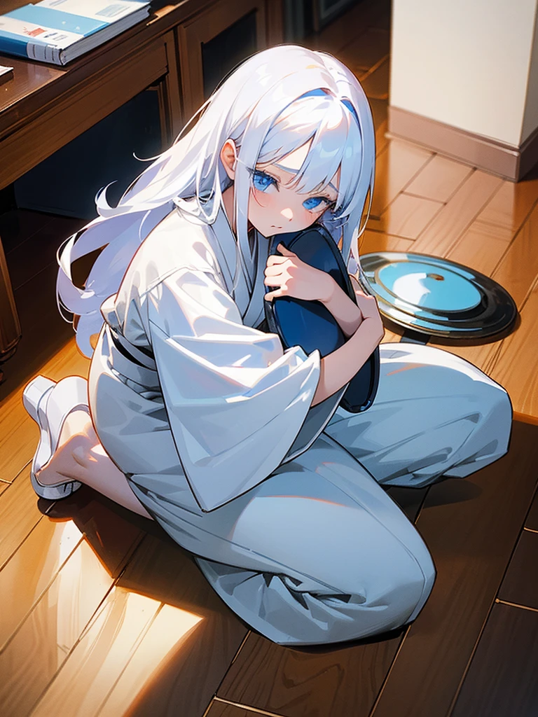 Young girl, 8yo, long white hair, wearing white kimono, blue colored eyes, holding a porcelain cup with blood inside, is in an 80s style office, books around, wood floor, Grieving, sad, pale skin, sickened appearance, kneeling on the floor