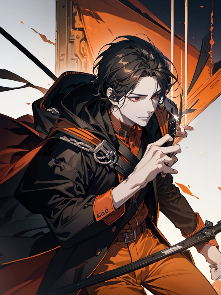 26-year-old young man with an angry appearance, red eyes, black hair cut, white skin, weather-worn clothes, 1.67 tall.
