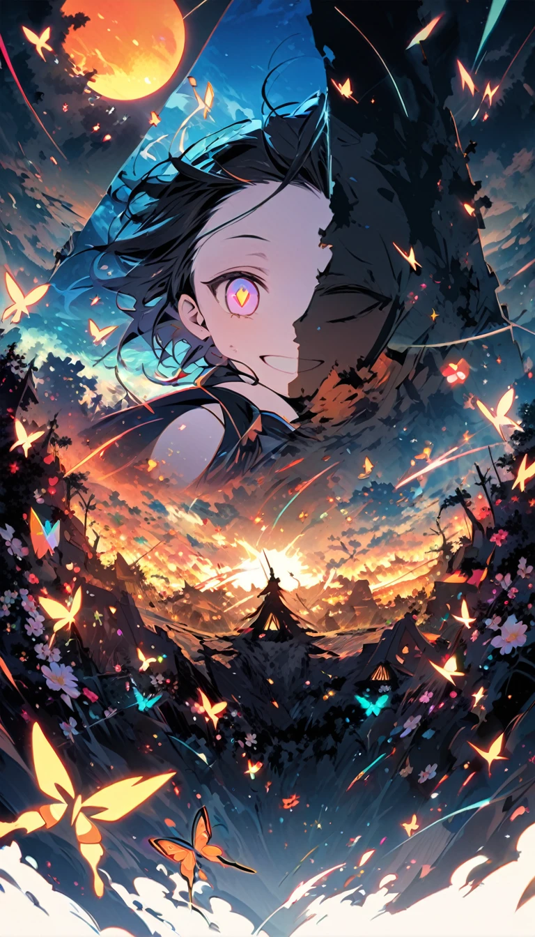 Left Half (Happiness)
Background:
• A flower field under a bright blue sky and radiant sun
• Birds flying and butterflies fluttering
• Cheerful cherry blossom trees and smiling children with vibrant colors
Expression:
• A gentle smile
• Bright, sparkling eyes
• Healthy rosy cheeks
• A naturally relaxed expression
Right Half (Madness)
Background:
• A dark forest or desolate landscape
• Black storm clouds and lightning
• Ruined buildings and charred trees
Expression:
• Eyes wide open with dilated pupils
• A manic grin
• Sunken cheeks and pale complexion
• A faint, eerie smile
Creating Cohesion
• Emphasize the contrast between the left and right halves through light and dark color schemes.
• Use a gradient in the middle to blend the two emotions seamlessly.
• Include a boundary line in the center to distinctly separate the two worlds.