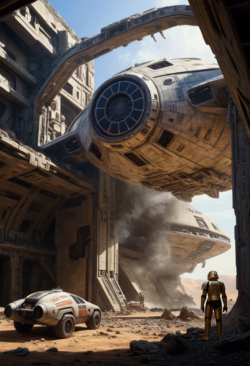 a giant futuristic sci-fi spacecraft, highly detailed, photorealistic, cinematic, naturalistic painting style, star wars inspired, intricate mechanical design, sleek and powerful, advanced technology, dramatic lighting, cinematic composition, ultra detailed, 8k, hyperrealistic, studio lighting, physically-based rendering, sharp focus, vibrant colors