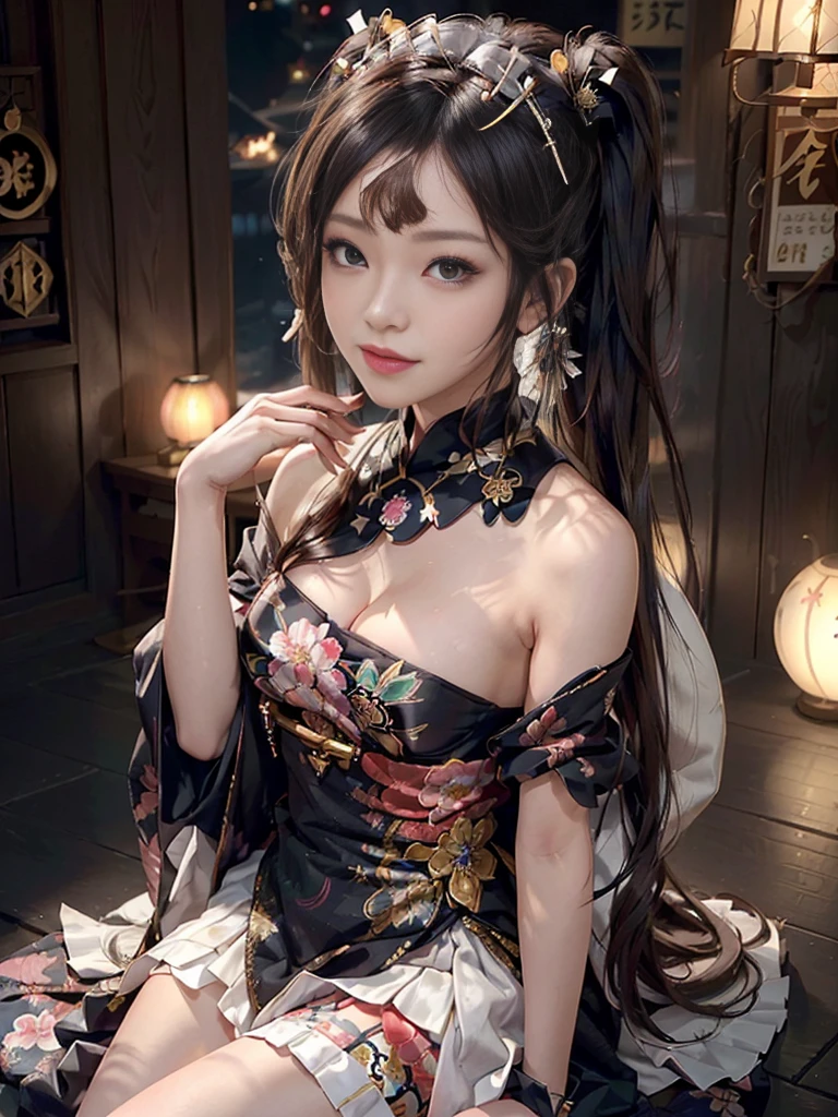 (Full Body View:1.2)、(Beautiful skin, lips and cheeks:1.4)、(Prostitute:1.4)、(Smiling with teeth showing:1.3),(Shibuya Gal:1.5)、(Gothic ta vibe:1.5)、(白色と赤色とマゼンダ色と青色の谷間が見えるミニスカOiran着物:1.5)、(Oiran:1.4)、(Luxury hair ornaments/hairpin:1.5)、(Short kimono:1.3)、(Make-up like a maiko:1.5)、(Bewitching Woman:1.3)、(Dense kimono:1.4)、(Wearing flashy knee socks:1.2)、(The underwear has an embroidered pattern:1.4)、40 years old、(Perform an intense dance:1.3)、((Highest quality、8k、masterpiece:1.3))、1 Female、Slim and beautiful abs:1.3、(hairstyle casual、Beautiful boobs:1.1)、dress:1.1、Super small face、Narrow eyes、double eyelid、A sloppy smile、Esbian all over body、Dynamic Angle、Close-up、CPL Filter、Blurred Background、Bokeh、Blue Hour、Detailed face and skin texture、Detailed eyes、double eyelid,(Twin tails:1.3)、(Black-brown hair:1.3)、Gravure idol、(The background is a gorgeous Meiji-era town:1.3)、(Thin body:1.2),(Thin thighs:1.5),(clavicle:1.1)
