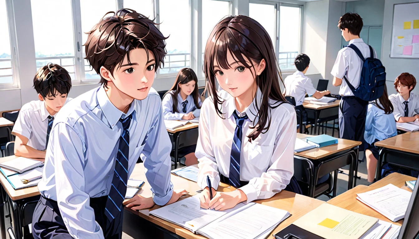 A Couple is studying in a school class room. It is morning and it is sunny.