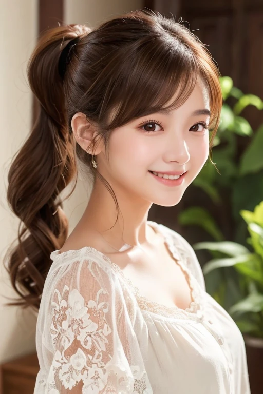 A young woman with shoulder-length, wavy brown hair tied in a loose ponytail、She is wearing a white lace blouse。She is smiling brightly、Have a naturally glowing skin。The background is softly lit、Creating a warm and comfortable atmosphere。The overall mood is、It&#39;s bright and calm。Please use photo-realistic images。