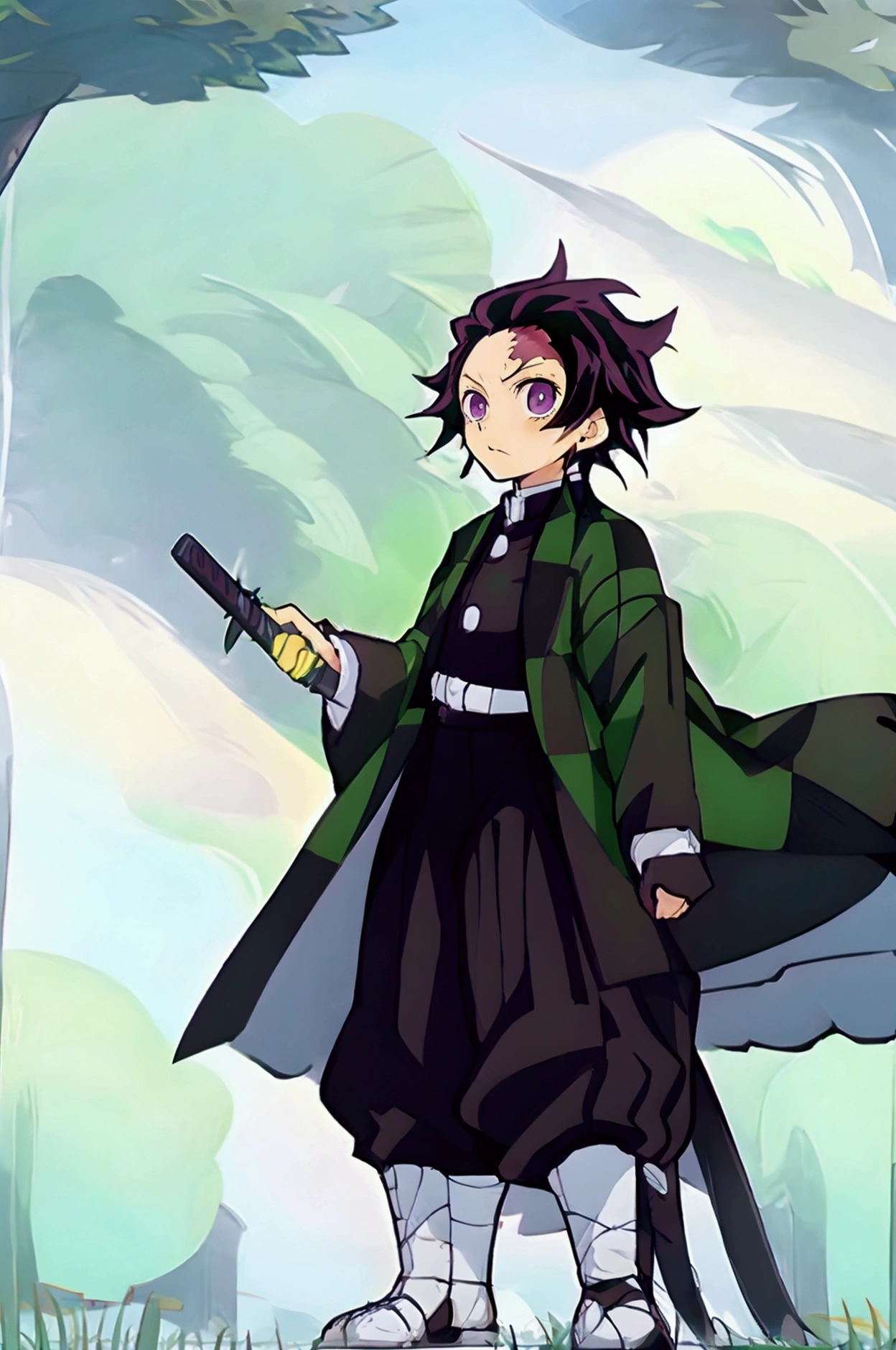 Zoomed out shot of Tanjiro wearing full demon slayer uniform (green and black checkered coat), scar on forehead, holding katana, standing in the plain grass looking up in to the sky with pure blue clouds and the clouds are forming, rain is falling, highly detailed, 16k visuals