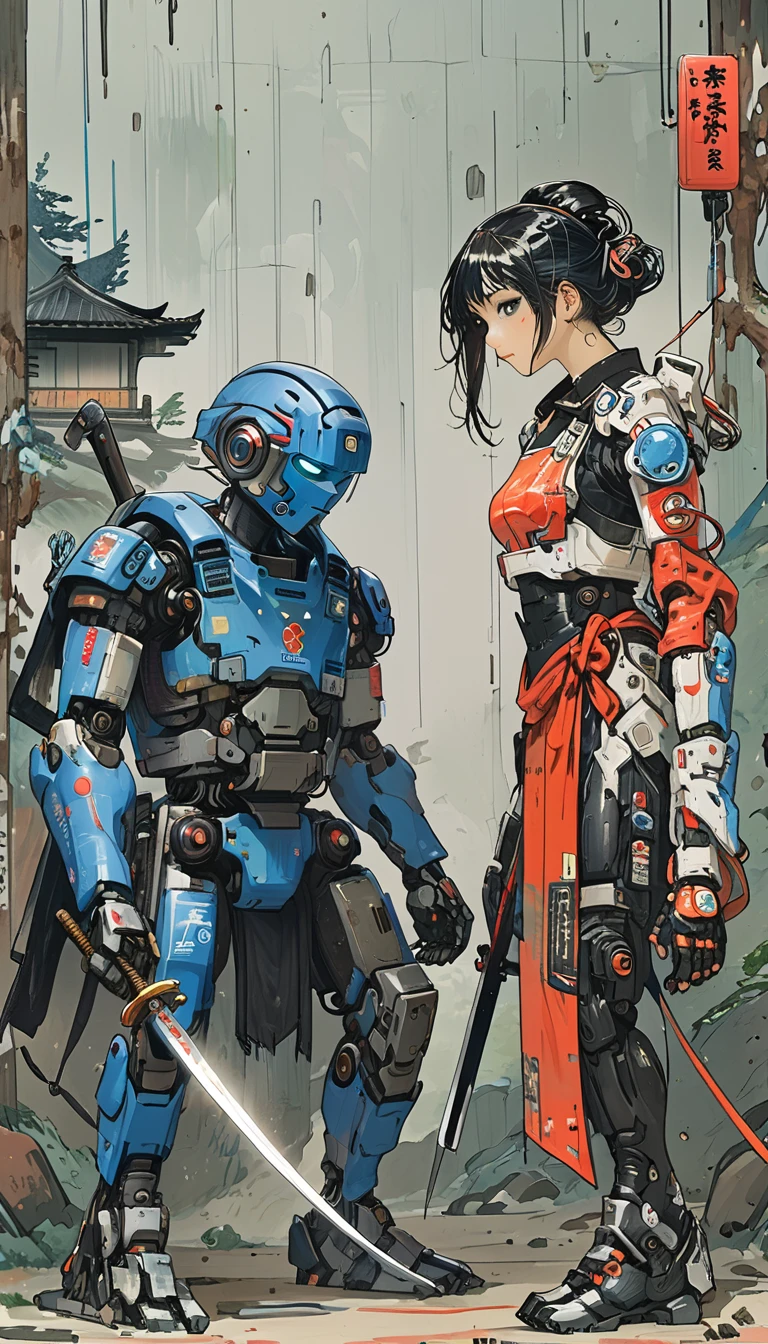 sketch、The Style of Kawanabe Kyosai、Police robot and cyberpunk girl、Holding a Japanese sword