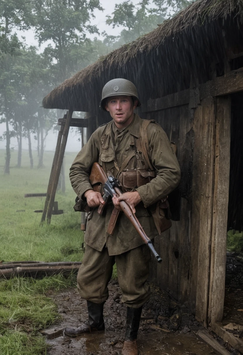 an american soldier with WW2 uniform and gear and WW2 rifle, taking a shelter under a ruined hut, pouring rain, solo, dirty, exhausted,, band of brothers, ww1 film photo, several soldiers, soldiers, still from a live action movie, # film, ww2 era, still from the film, still image from the movie, wartime footage, ww2, ww 2, still from the movie, full color still, screenshot from a movie, in trenches