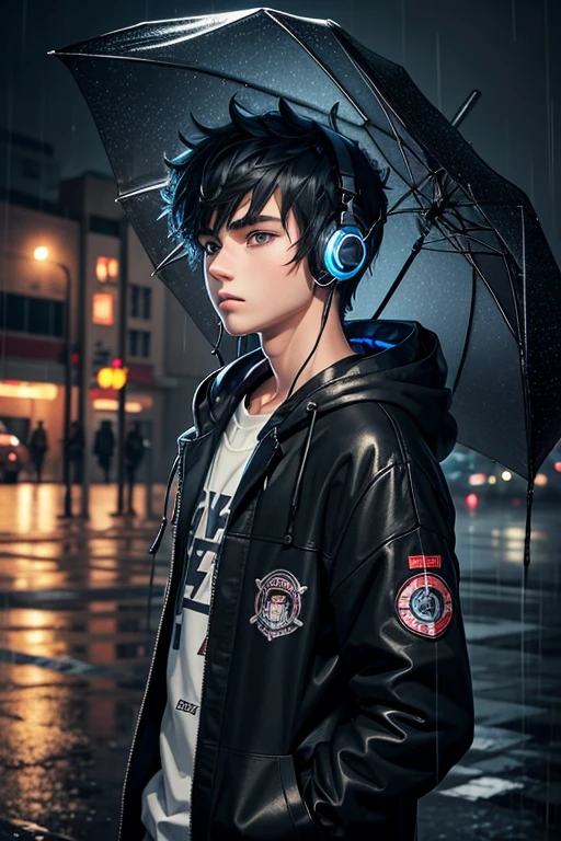 Teen aged bored sad Lonely anime boy with headphones in rain with black or blue jacket in night full body
