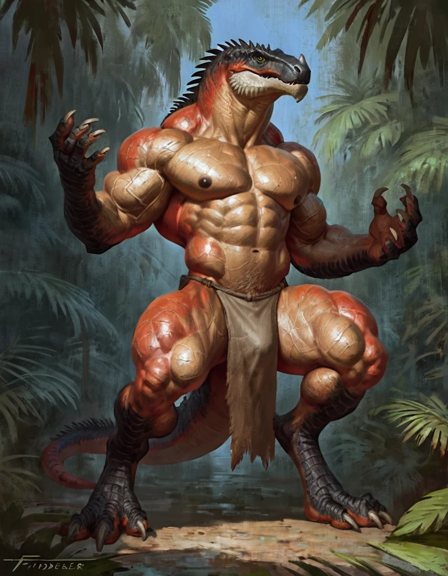 male tyranosaurus mid transformation, solo, masterpiece, hyper muscle, muscular arms, veiny arms, best art, digitigrade, by taran fiddler, wearing loincloth, detailed hands, detailed eyes, detailed torso, jungle, smirking,sweating, sexy, muscular, abs, nipples, bird feet
