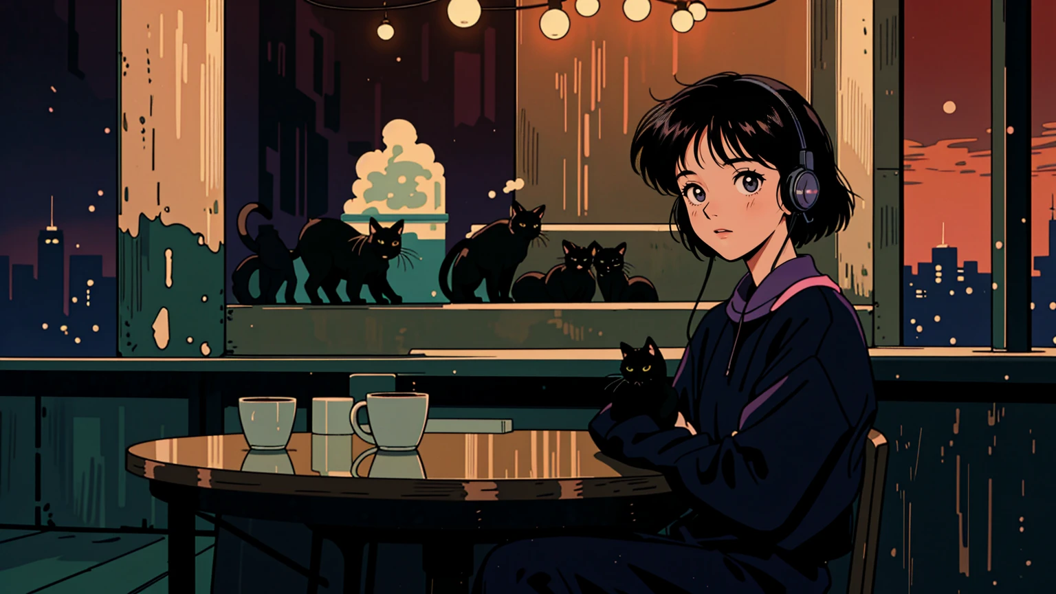 best quality, 8k, 1990s style,2010s hairstyles, 21 year old girl, black hair, Short hair, light brown eyes, city pop, pants ,night view, wearing headphones, whole body,  relax coffee,table,confection,Looking at me, Black cat, lofi
