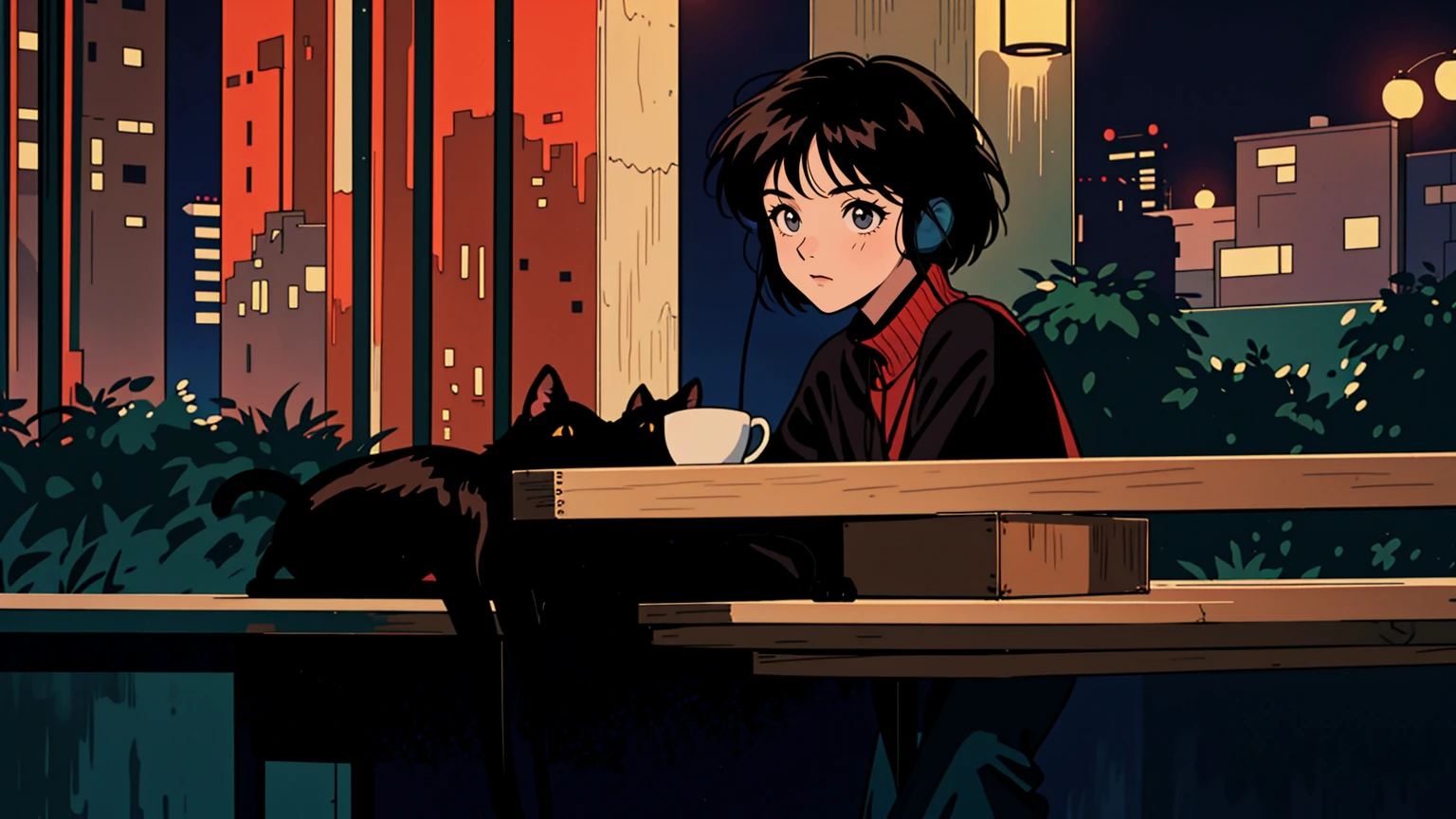 best quality, 8k, 1990s style,2010s hairstyles, 21 year old girl, black hair, Short hair, light brown eyes, city pop, pants ,night view, wearing headphones, whole body, relax coffee,table,confection,Looking at me, Black cat, lofi