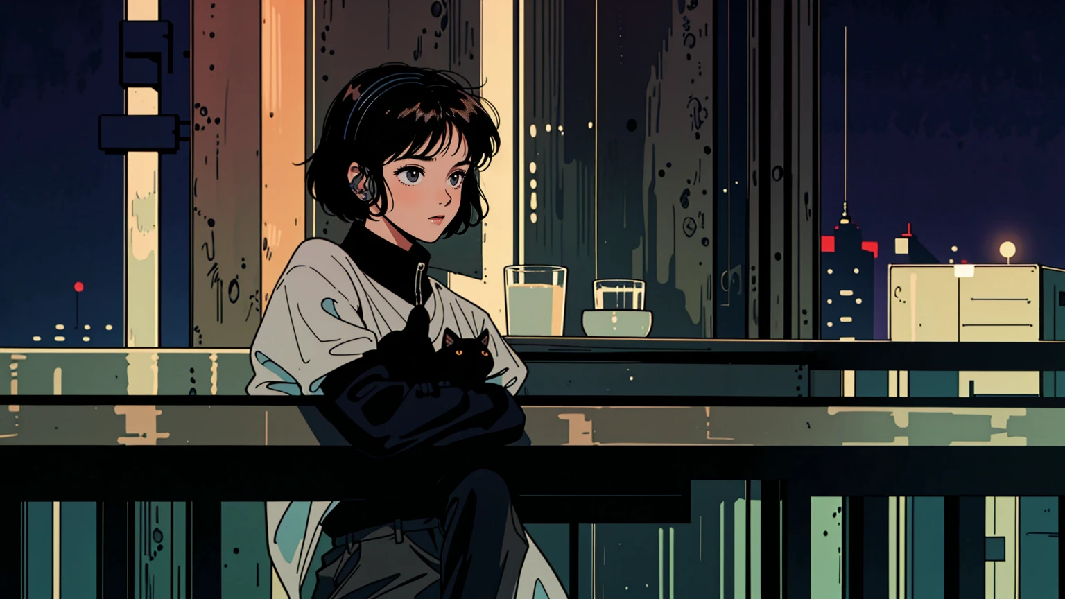 best quality, 8k, 1990s style,2010s hairstyles, 21 year old girl, black hair, Short hair, light brown eyes, city pop, pants ,night view, wearing headphones, whole body,  relax coffee,table,confection,Looking at me, Black cat, lofi
