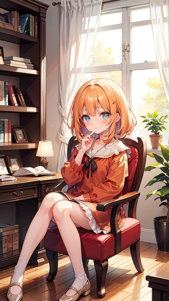 A -yeld giwith vibrant apricot-colored hair is sitting in her study at home, knees up. Her eyes are a clear soft gray, and a simple ring glistens on her hand. She is seated in a chair by the window, gracefully relaxing while gazing outside. The background features bookshelves, adding an intellectual ambiance.