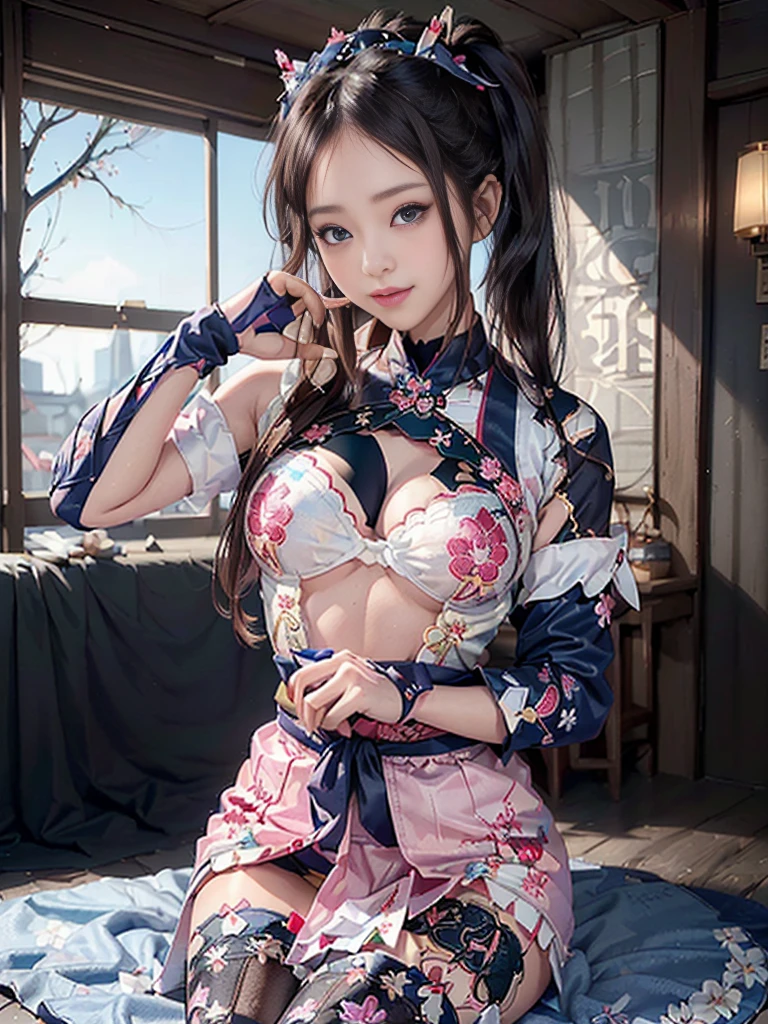(Full Body View:1.2)、(Side view:1.2)、(Beautiful lips and cheeks:1.4)、(Beautiful:1.4)、(Smiling with teeth showing:1.3),(Shibuya Gal:1.5)、(Gothic ta vibe:1.5)、(White, red, magenta, and blue miniskirt courtesan kimono showing cleavage:1.5)、(New Year:1.4)、(Luxury hair ornaments/hairpin:1.5)、(Short kimono:1.3)、(Make-up like a maiko:1.5)、(Bewitching Woman:1.3)、(Dense kimono:1.4)、(Wearing flashy knee socks:1.2)、(The underwear has an embroidered pattern:1.4)、40 years old、(Dance vigorously:1.3)、((Highest quality、8k、masterpiece:1.3))、1 Female、Slim and beautiful abs:1.3、(hairstyle casual、Beautiful boobs:1.1)、dress:1.1、Super small face、Narrow eyes、double eyelid、A sloppy smile、Esbian all over body、Dynamic Angle、Close-up、CPL Filter、Blurred Background、Bokeh、Blue Hour、Detailed face and skin texture、Detailed eyes、double eyelid,(Twin tails:1.3)、(Black-brown hair:1.3)、Gravure idol、(The background is a gorgeous Meiji-era town:1.3)、(Thin body:1.2),(Thin thighs:1.5),(clavicle:1.1)