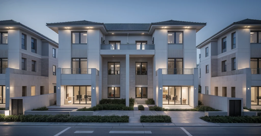 RAW photo, ((white)) modern house, (road:1.3), (sidewalk:1.3), (sidewalk trees:1.3), (residences area:1.4), dawn time, overcast, fog, tropical trees and plants, (high detailed:1.2), 8k uhd, dslr, soft lighting, high quality, film grain, Fujifilm XT3, (sharpen:1.5)