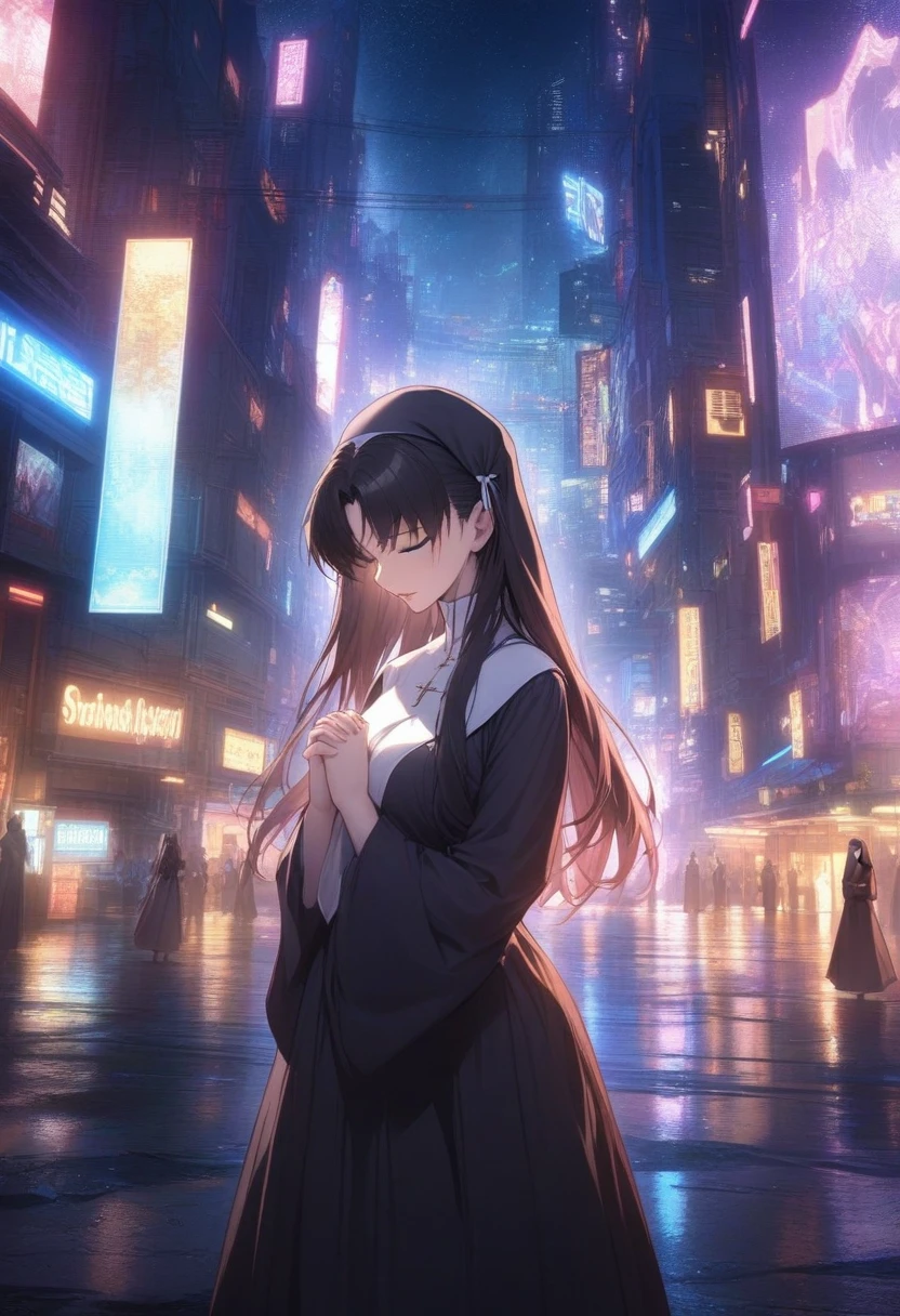 masterpiece, best quality, very aesthetic, absurdres, 1girl, mature_lady,nun_clothes, crucifix, praying, interlocked fingers,closed_eyes,head down,holy_light ,,tohsaka_rin, fate/stay_night, fate_(series), 1girl, aqua_eyes, black_hair, two_side_up, long_hair,black hair_ribbon,,Cyberpunk City, Street, Night, neon light, neon sign,,glowing stardust frontground,fantasy,sparkling,fireflies,