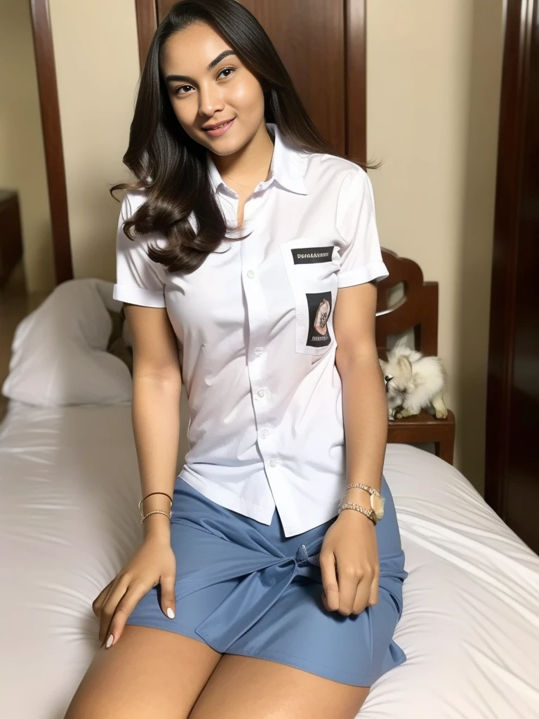 1girl, solo, sensual, top-quality, (professional lighting without shadows), view from far, (Indonesian_high_school), fit body, long hair, beautiful hairstyle, very seductive pose, sitting on top of bed, detailed face, detailed eyes, unparalleled beauty, looking at the camera, thick breasts, detailed skin, semi-thick legs, muscular arms, muscular belly, looking at the viewer, wearing very short grey blue skirt, wearing white shirt, (8k, RAW photo, best quality, masterpiece: 1.2), (realistic, realistic: 1.5), ultra-high resolution, hyper-realistic