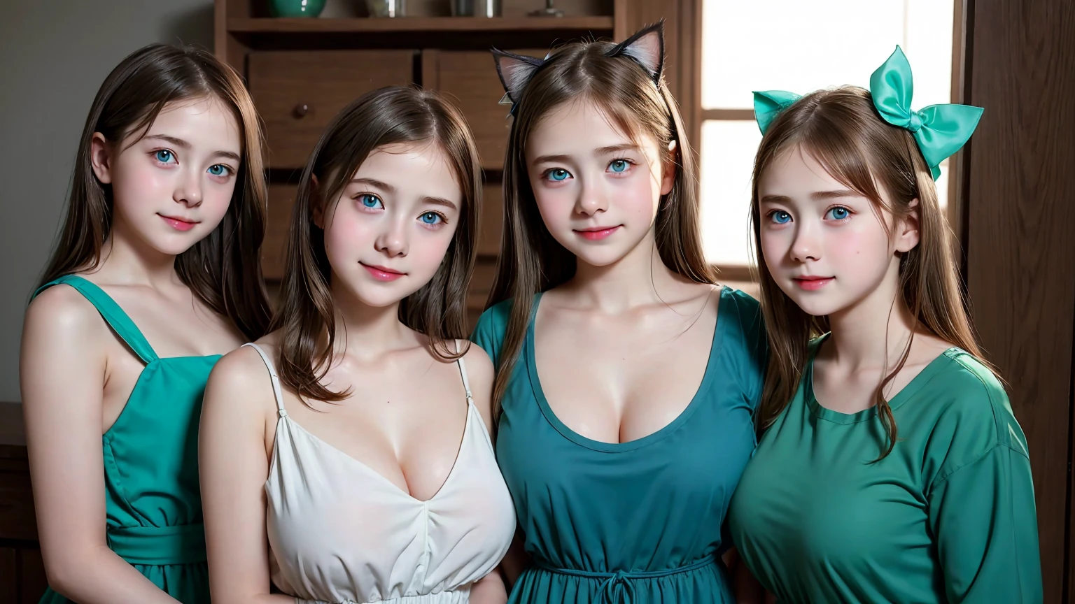 (3 girls), Young faceอินโดนีเซีย, smile, white skin, Round breast, blue eyes,(Wearing an elegant green round neck dress.)Masterpiece, Highest quality, 8k, beautiful girl, Young face、 photography, Cute face, thigh,embarrassing valley、รอยsmile、(((((())))))、small waist,((Busty breasts))blue eyes(((big breasts:1.0)))cat ears