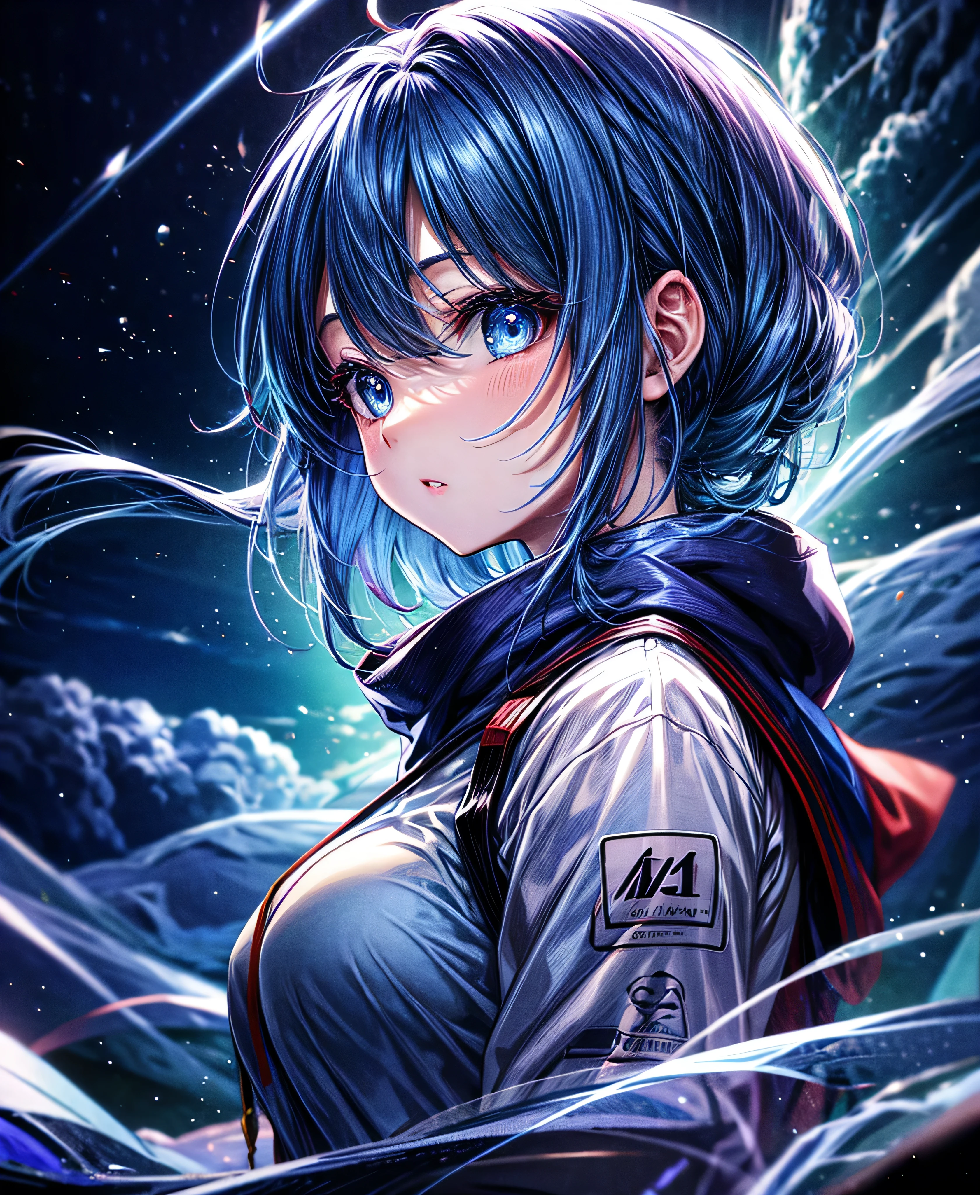 Glowing anime girl with dark blue hair and blue eyes, Anime Style 4 k, Anime Art Wallpapers 8K, Anime Style. 8k, anime art wallpaper 4k, anime art wallpaper 4k, anime wallpaper 4k, anime wallpaper 4k, 4k anime wallpaper, Glowwave girl portrait, Digital anime art, Anime girl with space-like hair