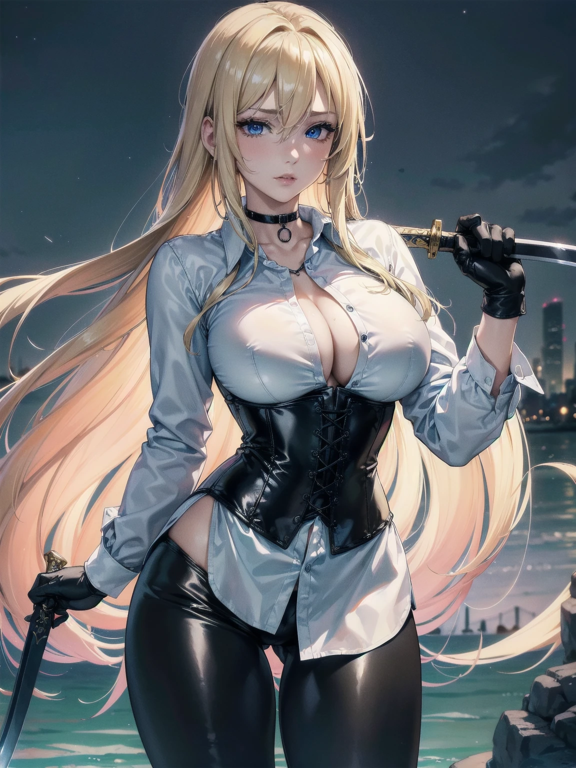 Masterpiece, Superior image quality, high resolution, 4k image,photo and gross, photorealistic, whole body, distant view, ung blonde of 15 years, {{{vagina}}}, big breasts, beautiful face, Long blonde hair, blue eyes, very detailed eyes, pink cheeks, shy expression, choker:1.6, (white collar button down long sleeve shirt), black gloves, gloves that cover hands, (holding a sword in his right hand), (black leather corset), (shiny black leggings), Sensual Lips, show details in the eyes, View from the front, looking at the viewer, stop on the shore of a lagoon, gloomy lagoon, at night, Atmosphere, fog