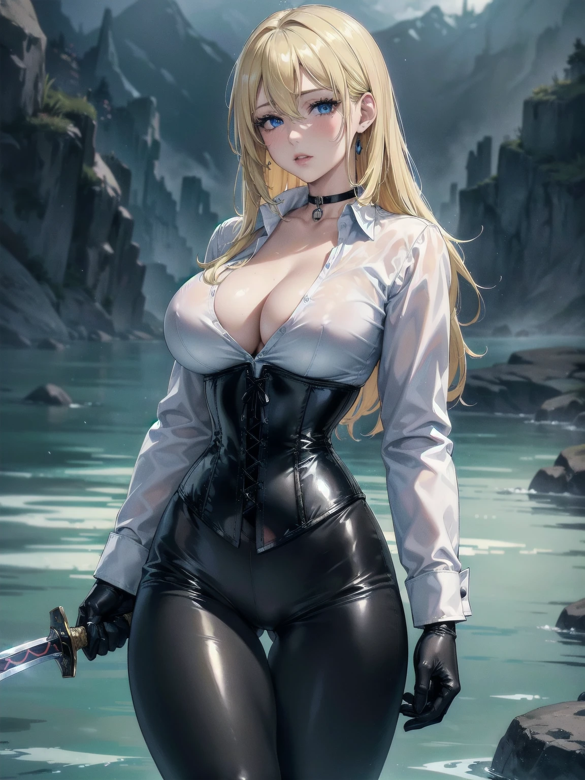 Masterpiece, Superior image quality, high resolution, 4k image,photo and gross, photorealistic, whole body, distant view, ung blonde of 15 years, {{{vagina}}}, big breasts, beautiful face, Long blonde hair, blue eyes, very detailed eyes, pink cheeks, shy expression, choker:1.6, (white collar button down long sleeve shirt), black gloves, gloves that cover hands, (holding a sword in his right hand), (black leather corset), (shiny black leggings), Sensual Lips, show details in the eyes, View from the front, looking at the viewer, stop on the shore of a lagoon, gloomy lagoon, at night, Atmosphere, fog