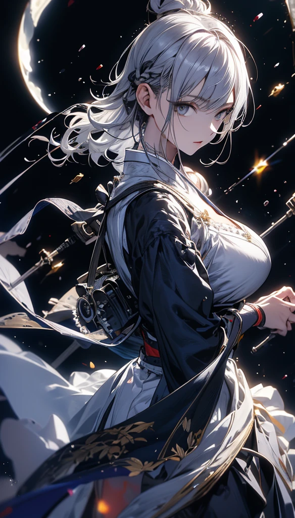 masterpiece, high quality, 4K, Beautiful design, silhouette,Silver Hair, 非常に詳細な夜のStarry Sky,Flower Field, wonderful, Finer details, Very knowledgeable woman,Devil Highly detailed solo, 1 female,Big Breasts,camisole,mini skirt,garter belt,Night view,Starry Sky,full moon,