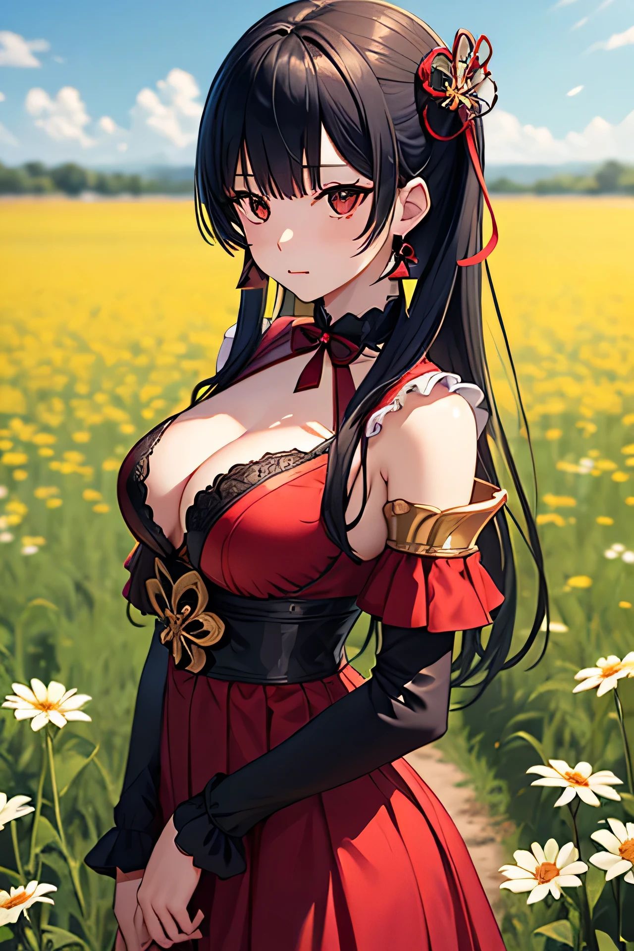 a woman in a black and red outfit stands in a field, character portrait of Ian Jay, trending on pixiv, What's it?, Ayaka Genshin&#39;s influence, ayaka game genshin impact, Kushart Krenz Kay Art for women, Keqing from Genshin&#39;s blow, girl in armor, zhongli from genshin impact