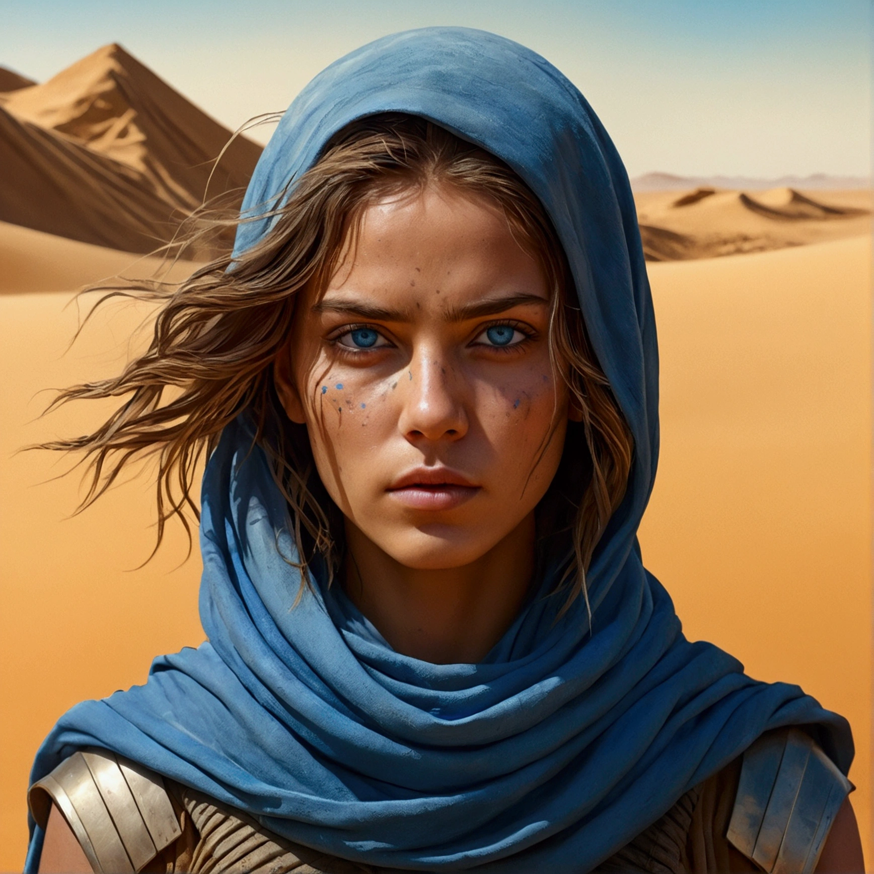 ultra detailed minimalist digital line art watercolor rendering of a beautiful futuristic desert nomad, beautiful detailed symmetrical BLUE eyes, sand color clothes/ detailed gorgeous face, Apocalyptic environment and sandstorm, spatter, MAD MAX WORLD style, Wadim Kashin style, john william waterhouse, Luminous Studio graphics engine core image, DOF, golden hour time, 8k, estética de iluminação Soft, edge-to-edge print, volumetric lighting, Tanvir Tamim, cinematic, coloured background, conceptual artwork, dramatic lighting, high détail, highy detailed, hyperrealisti, octane rendering, Soft, studio lighting, trends on ArtStation