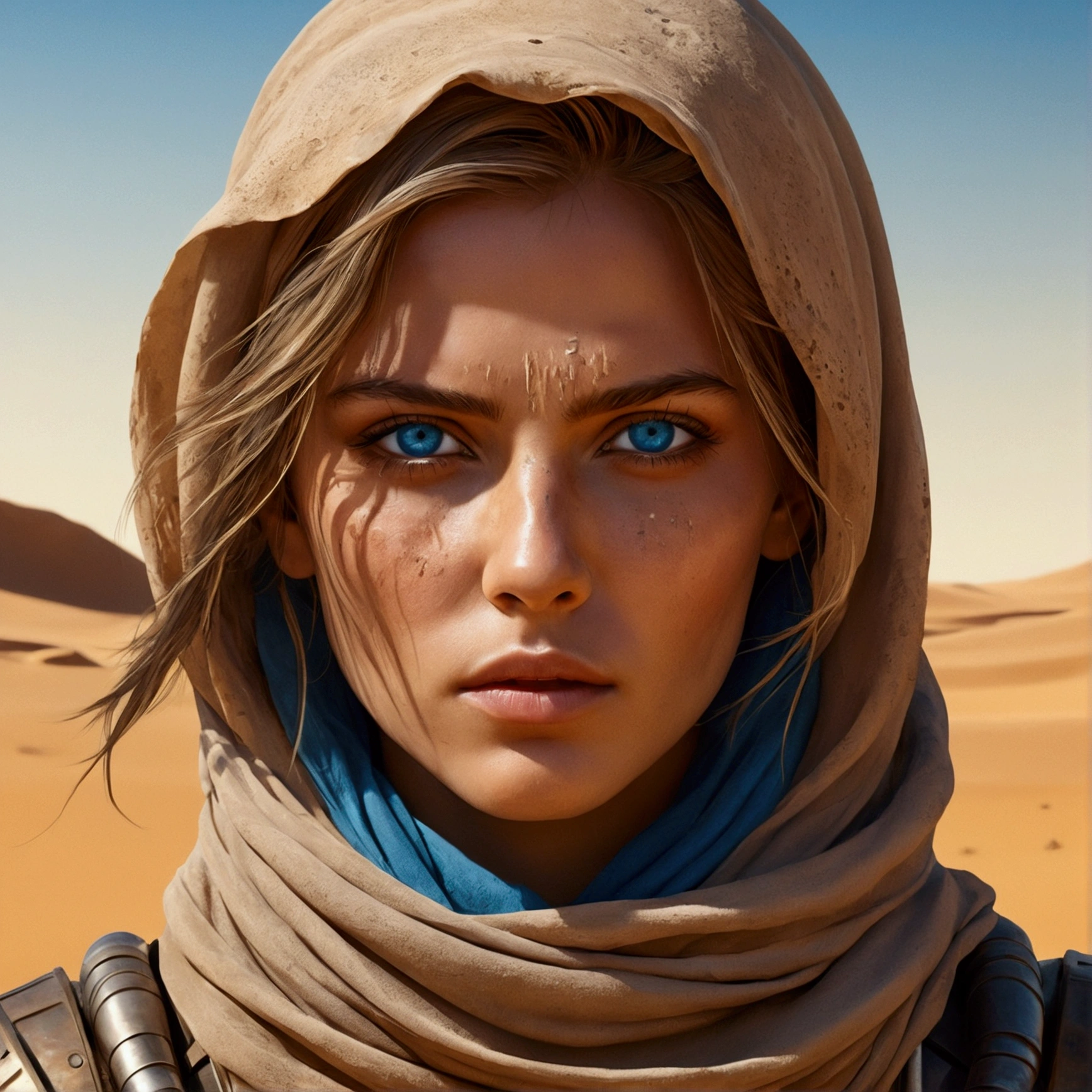 ultra detailed minimalist digital line art watercolor rendering of a beautiful futuristic desert nomad, beautiful detailed symmetrical BLUE eyes, sand color clothes/ detailed gorgeous face, Apocalyptic environment and sandstorm, spatter, MAD MAX WORLD style, Wadim Kashin style, john william waterhouse, Luminous Studio graphics engine core image, DOF, golden hour time, 8k, estética de iluminação Soft, edge-to-edge print, volumetric lighting, Tanvir Tamim, cinematic, coloured background, conceptual artwork, dramatic lighting, high détail, highy detailed, hyperrealisti, octane rendering, Soft, studio lighting, trends on ArtStation
