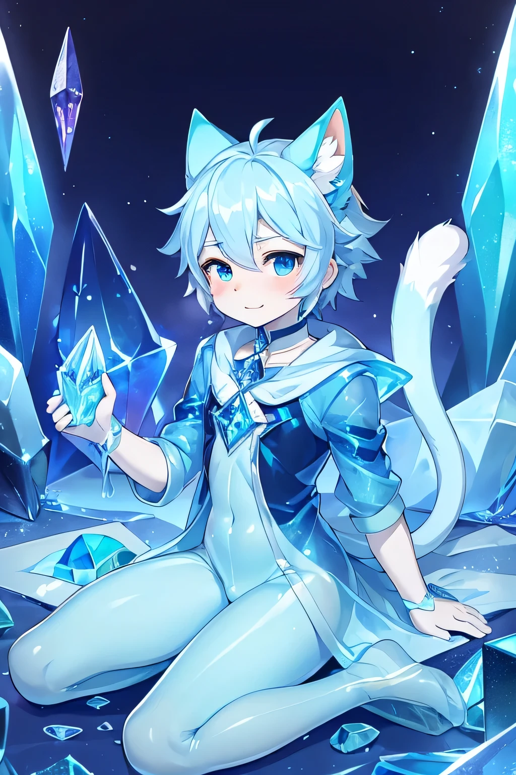 Little male cat，Boys，Has a tail，Lovely，Thin，struggle，eternal，crystal，Crystallization，Blue crystal，Blue slime，Feet become crystal，Hands turn into crystal，crystal spread feet，Crystal legs，crystal hand，illumination，freeze，freeze，Feet are frozen，charming，Boys ，蓝色Crystal legs，Wear tights，plastic，Full body portrait，Smooth，full-body tights，Thin，Blue gel coat，Full body gel coat，Blue gel coat